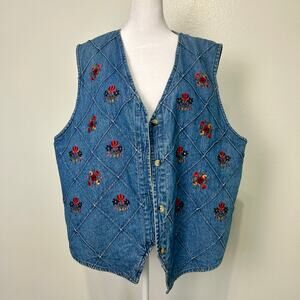 Vintage Bobbie Brooks Denim Vest XL Women Floral Embroidered Western Cottagecore